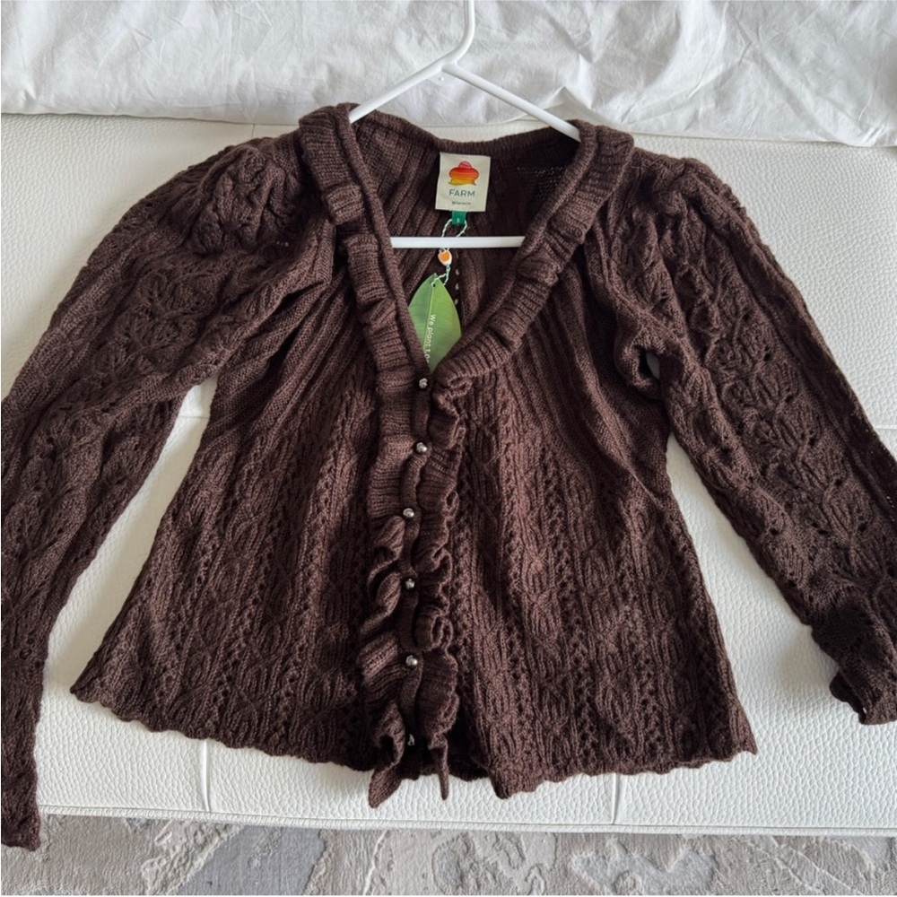 Farm Rio: NWT: Lace Stitch Knit Ruffles Cardigan - Brown DT - Picture 4 of 11